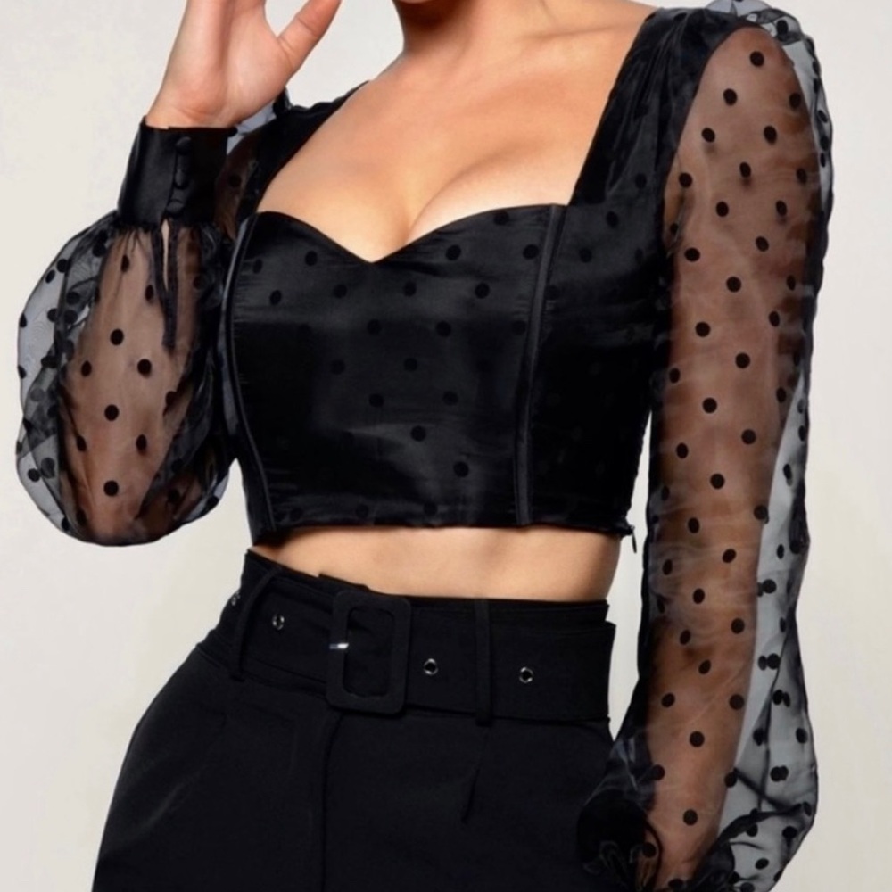 Meshki Saylor Polkadot Puff Sleeve Corset Crop in Black